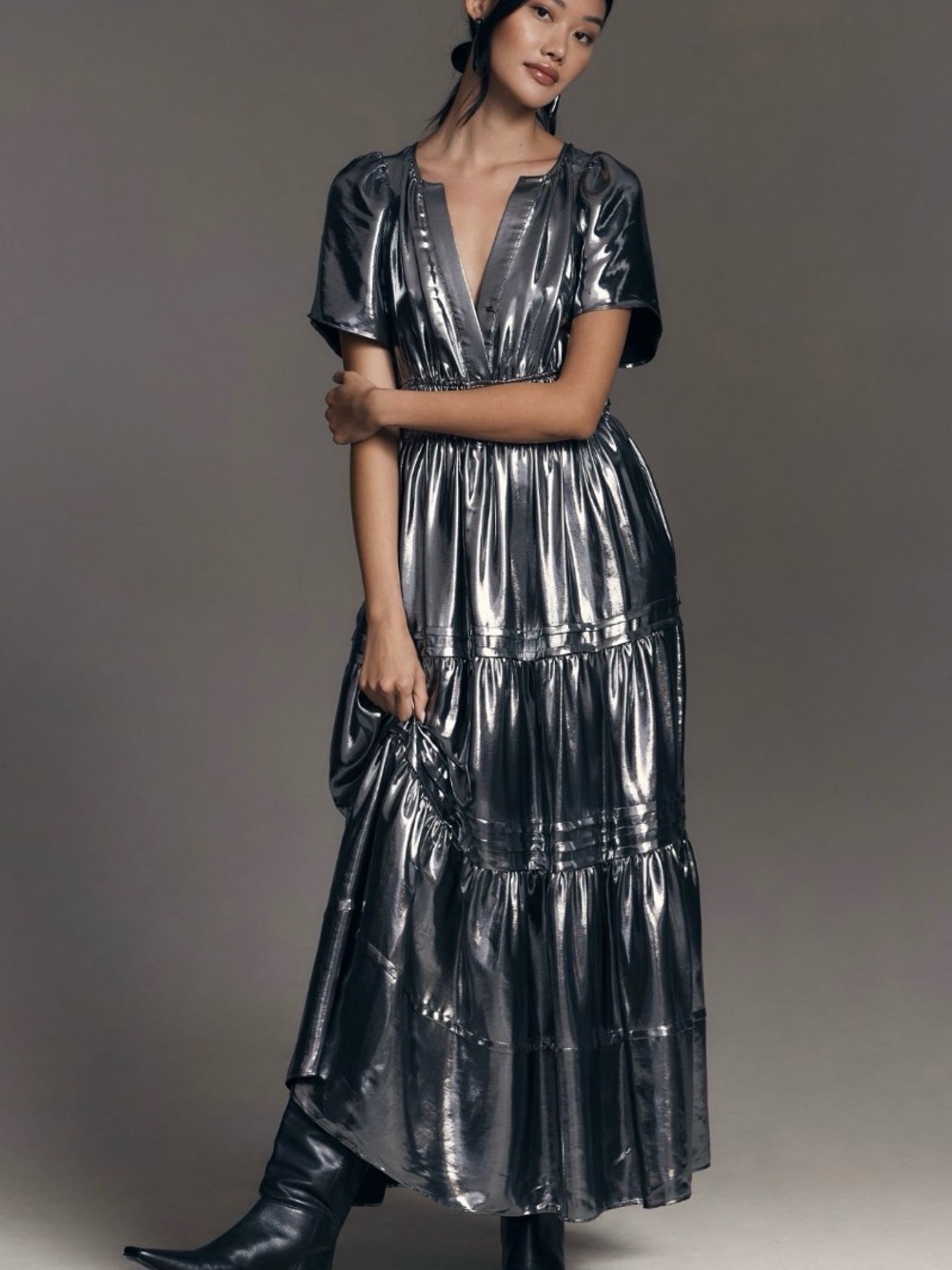 Metallic Silver V-Neck Tiered Maxi Dress